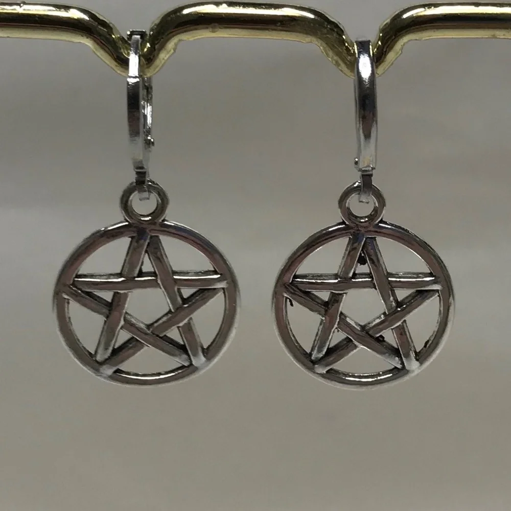 Gothic Pagan Silver Pentagram Pentacle Handmade Hoop Earrings, Encircled Stars - Picture 9 of 12